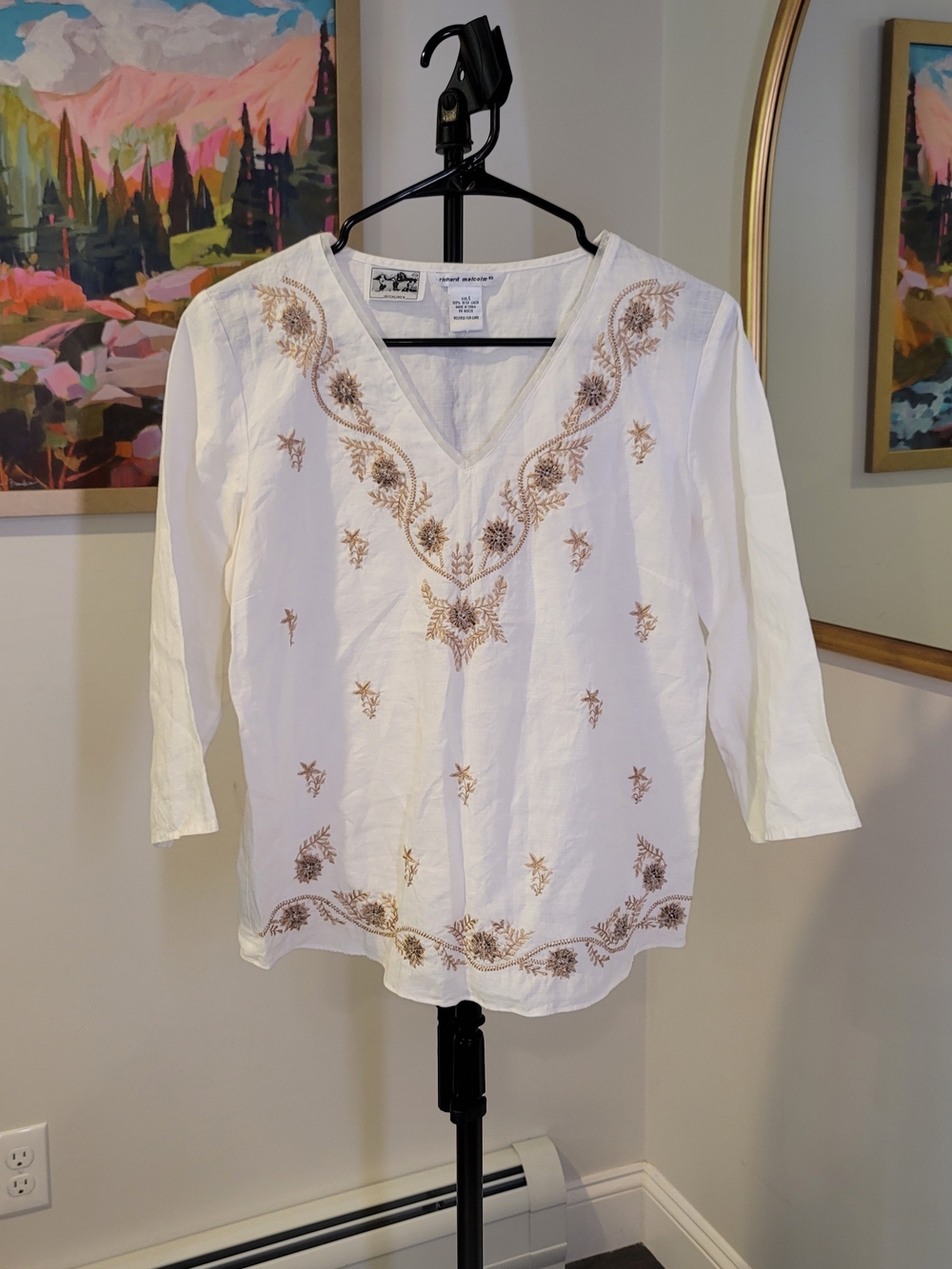 RICHARD MALCOLM 100% Irish‎ Linen Embroidered Beaded Cream Women's Size S